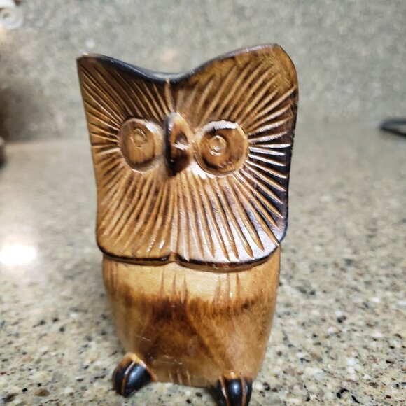 Hand Carved Wooden Folk Art Owl Figurine Boho Abstract 4" Tall Wood Mid Century - Picture 9 of 13